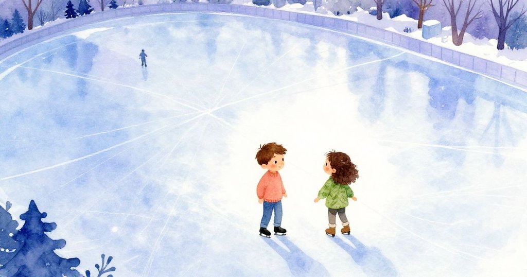 廣角視角展示冰場全貌，克萊德與烏娜成為浩瀚冬景中微小而堅定的身影，展現奮發與自然宏偉。