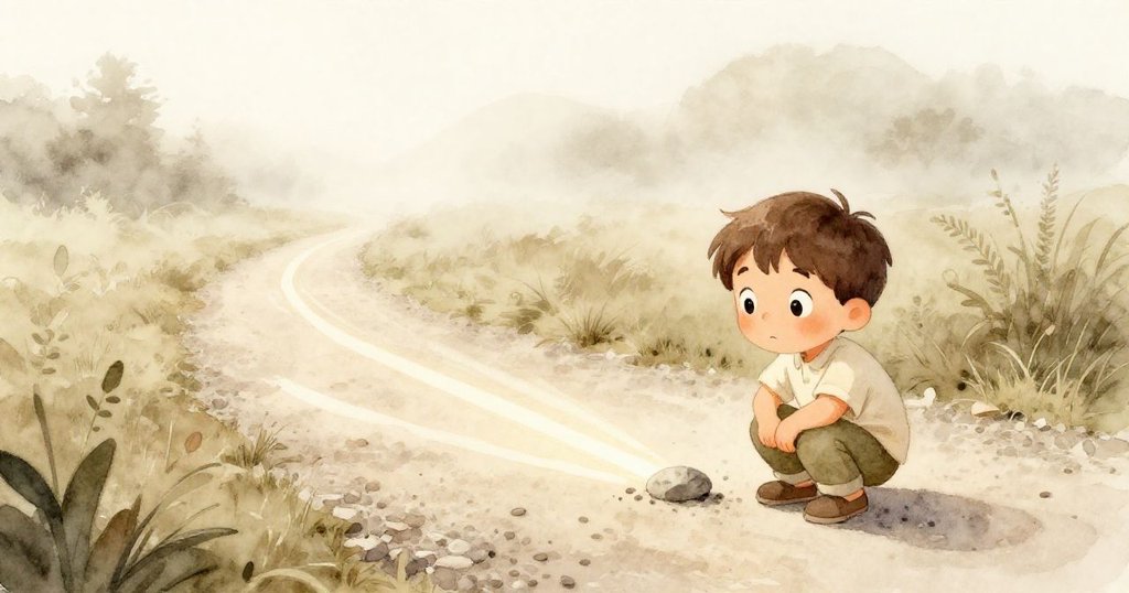 米爾斯在晨霧中蹲下，仔細觀察三道光條交會處的石片，背景石徑與樹影柔和映襯，其探求神情充滿好奇。