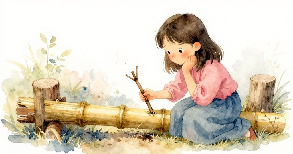 艾達靠近稻草竹橋，輕抬手中的乾木棍，探索其潛藏音符，背景中樹叢靜謐而充滿神秘氣息。