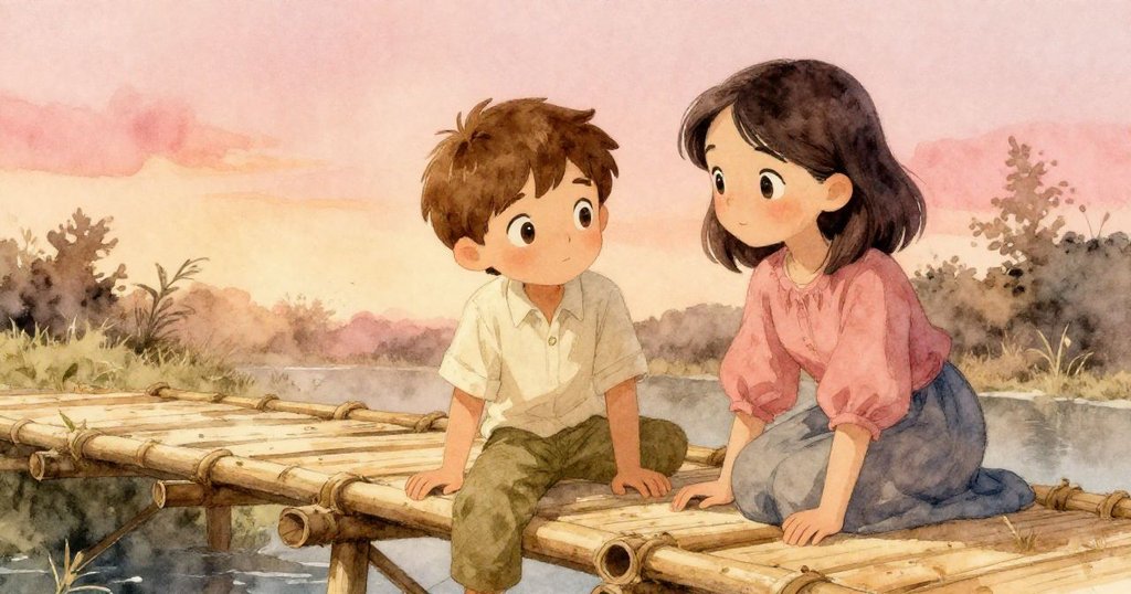 米爾斯與艾達在夕陽餘暉中協力穩住竹橋，共同敲擊導出柔和共鳴，樹影逐漸拉長，刻劃默契時刻。