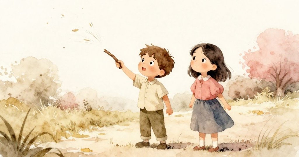 米爾斯與艾達放下木棍，站於光條延伸的開闊道路前，彼此相視充滿希望，背景展現柔和日光與遠方新奇景致。