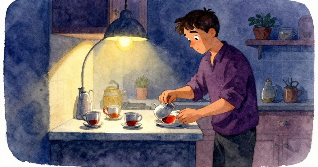 德瑞克在溫暖燈光下忙著準備茶飲,桌上擺著三個杯子,神情專注,背景為家居廚房,故事開始。