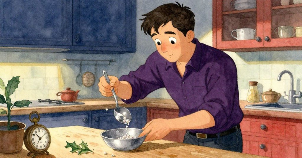 德瑞克專注舀取珍珠,手中拿著湯勺,旁邊放著冬青和老式計時器,神情認真,描繪進程。