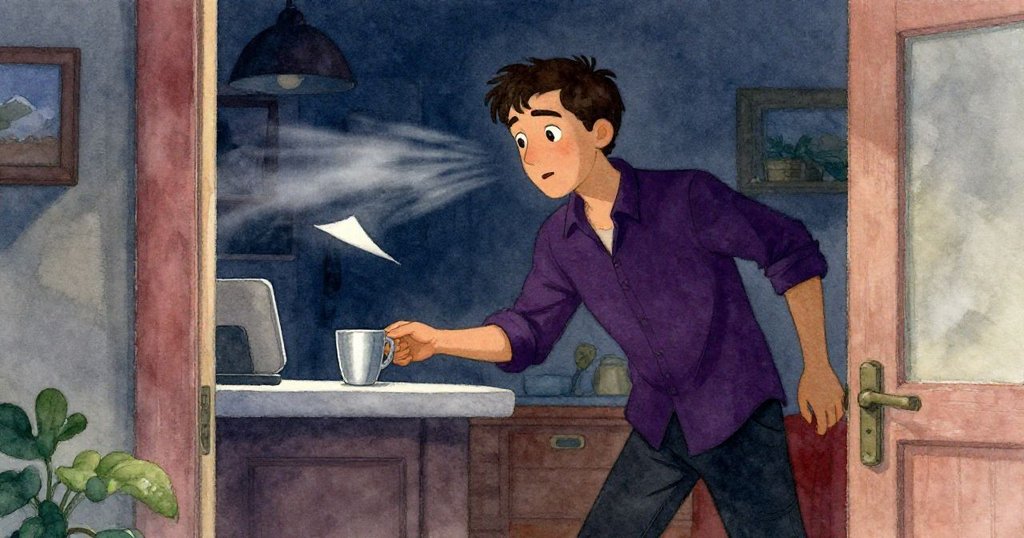 透過開啟的門縫看到德瑞克忙碌動作,一個杯子因微風險移,紙條隨風飄動,場景神秘且充滿動感。