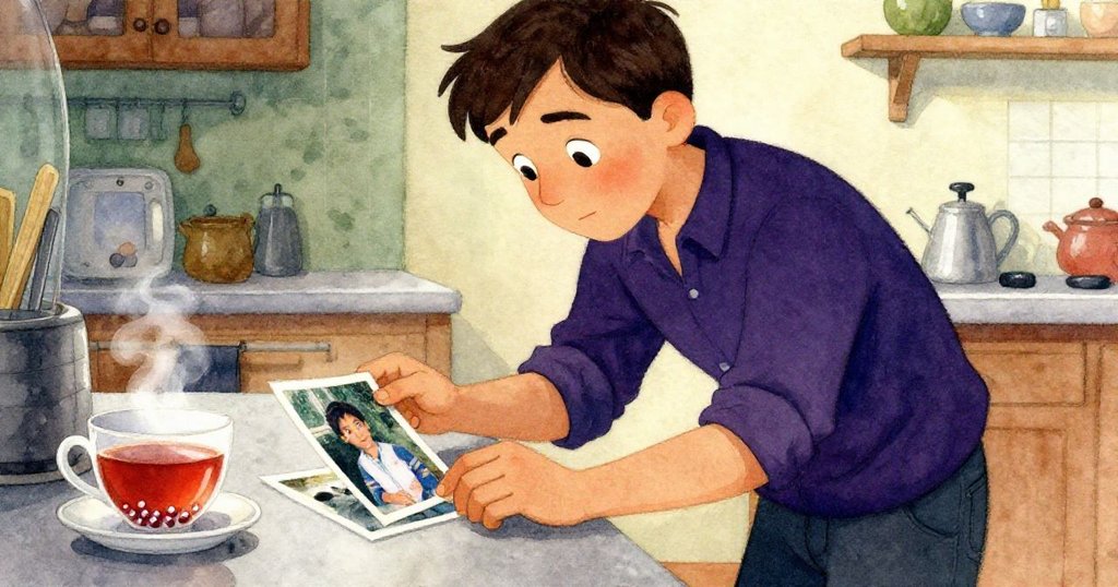 德瑞克在隱蔽角落凝視一張褪色照片,茶杯中珍珠與蒸氣交織,神情中流露出懷舊與細心的進展。