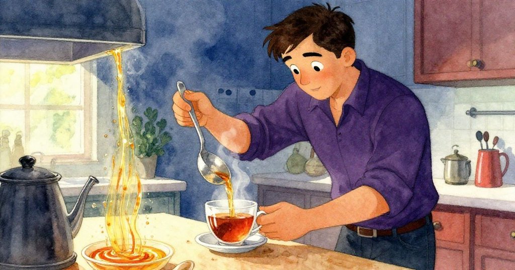 德瑞克認真使用有孔湯匙舀茶,精細動作中茶水呈金黃流線,神情專注,傳達工藝之美。