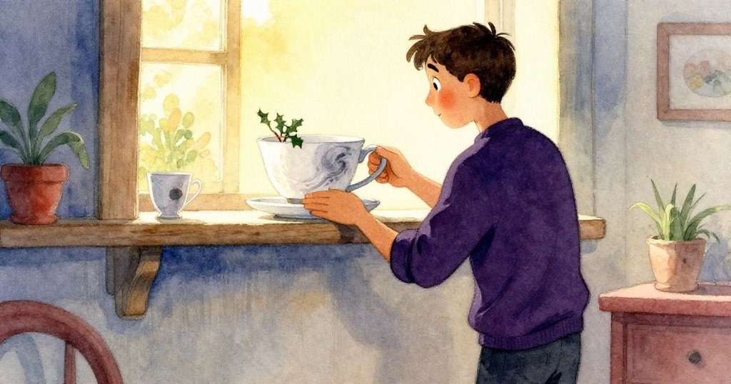 德瑞克在金色餘暉下欣賞完成的茶杯,杯上留有細微澱粉印記與冬青裝飾,神情滿足,故事美滿收尾。