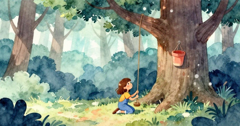 Josie在森林中蹲坐於粗糙樹幹旁，神情專注，夕陽微光映照背景，呈現開端冒險情景。