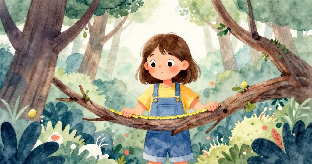 Josie在層次豐富的森林中測量樹枝空隙，專注放置雪松墊片，背景樹影交錯展現發展情節。