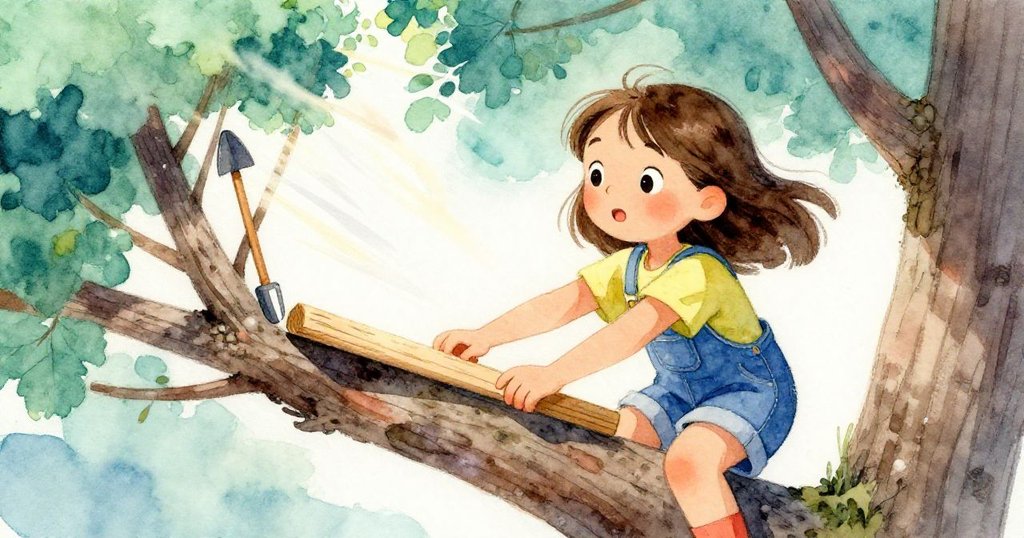 Josie在樹枝交接處調整木板，身旁工具隨風搖擺，神情專注呈現轉換關鍵瞬間。