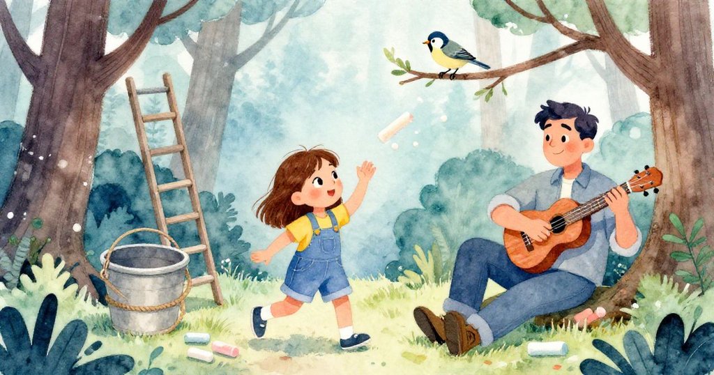 Josie驚見粉筆掉落，搖晃的桶和梯子引發連鎖反應，父親彈奏烏克麗麗，情緒豐富展現高潮時刻。