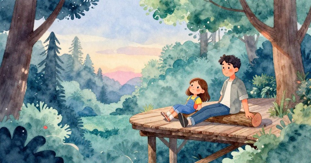 傍晚時分，Josie在完成的平台旁休憩，柔和夕陽照耀樹林，透露一天冒險後的平靜與溫馨收尾。