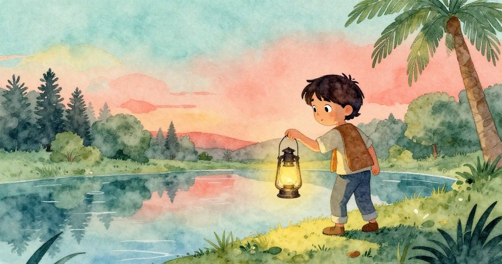 Vesper 走在朦朧池畔,手持歪斜燈籠,池水反射柔和色彩,氛圍神秘引人入勝