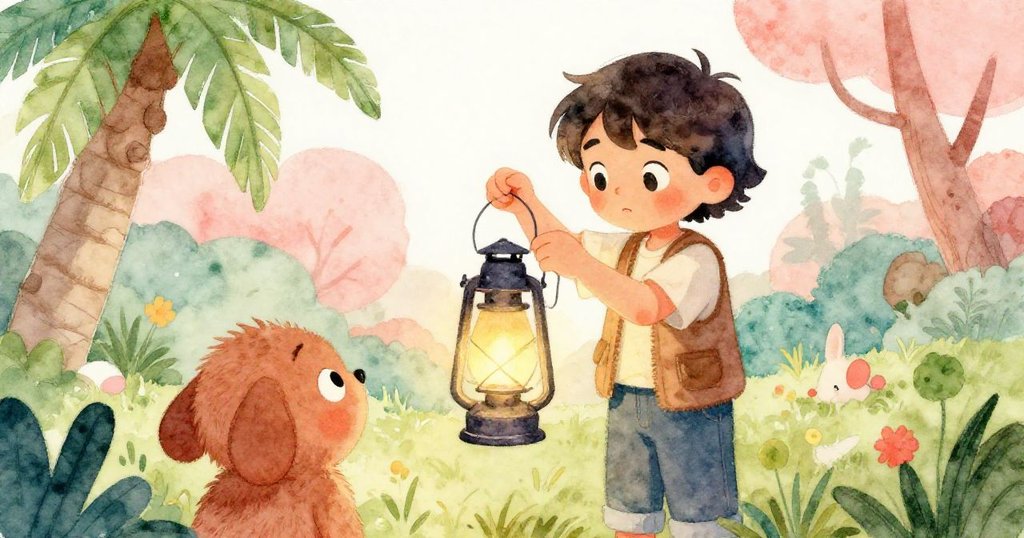 從小動物視角看見 Vesper 正調整燈籠細線,旁邊一隻小生物正好奇凝視,自然氛圍溫馨