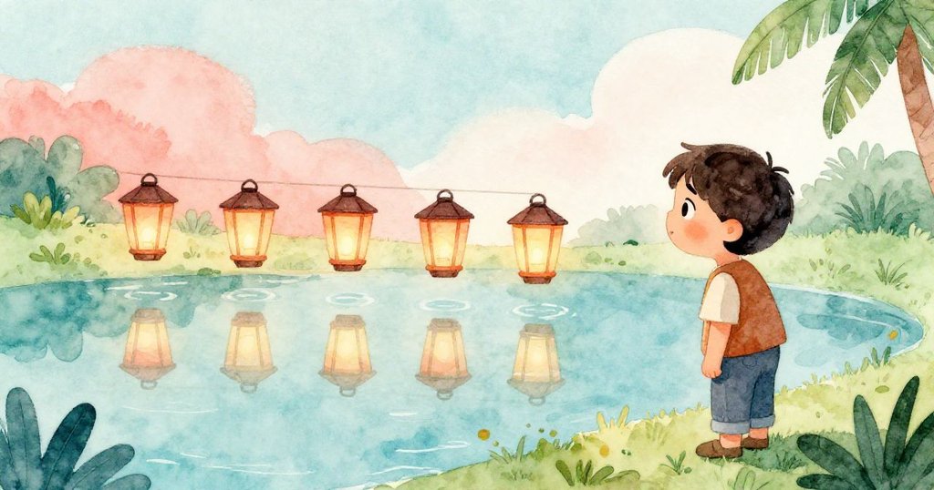 Vesper 在平靜池邊滿意地望著修好的燈籠,五角均勻倒映池中,夜色寧靜舒心完成挑戰