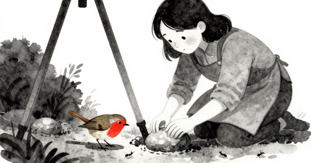 薇薇安在戶外以手穩固石塊,鳥兒在腳邊啄食土壤,螞蟻穿梭,場景充滿動感與細膩質感