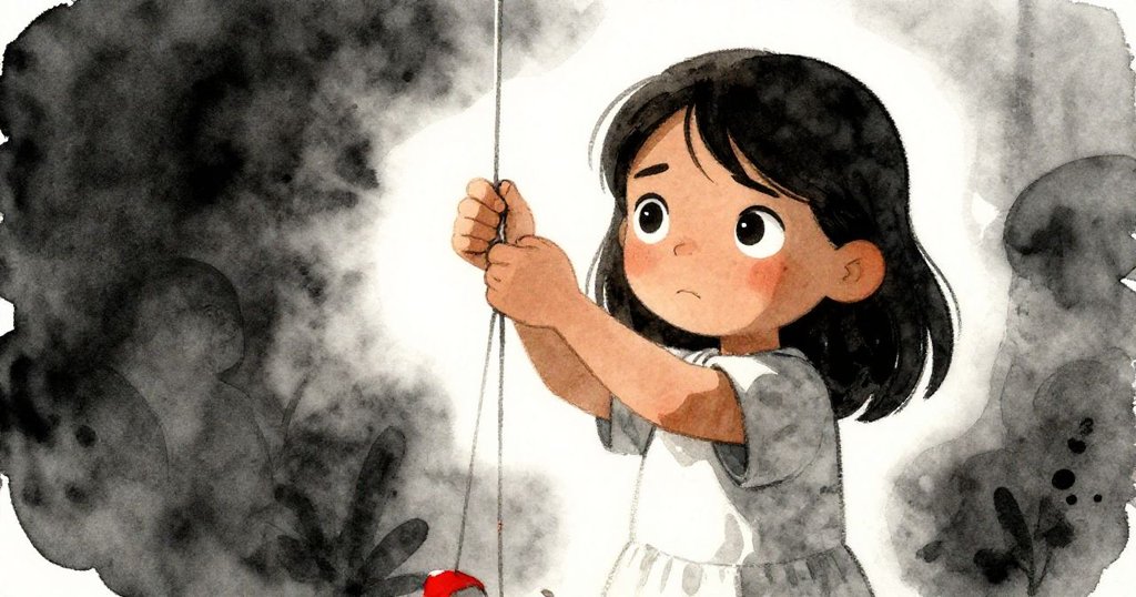 低角度呈現雅拉拉扯繩結,她神情專注,背景中筆觸滴落呈現創作細節與決心