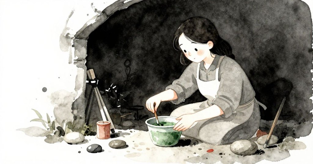 薇薇安在隱秘角落中細心攪拌綠漆,周圍石塊與器材隱現,燈光柔和充滿秘密感