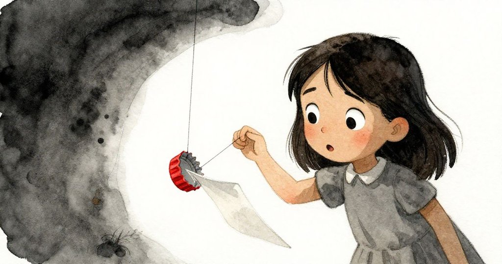 雅拉驚覺瓶蓋劃過紙面與鐘擺亂揮,眼中驚訝與堅定交織,畫面細節豐富展現動感