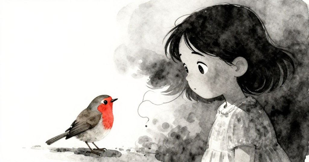 雅拉靜賞隨風搖曳的鬆散繩線,臉上流露平靜欣賞,旁有鳥兒映襯,象徵創作旅程最終柔和落幕