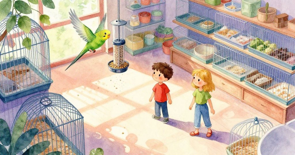 昆恩與艾絲美在寵物店中尋找倉鼠，綠鸚鵡飛舞、鳥飼料散落，陽光灑落營造出期待與好奇的氛圍。