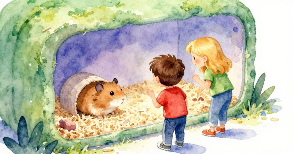 艾絲美從昆恩背後觀看，兩人細心搜尋藏在舊木屑與小通道中的倉鼠，展現出好奇與專注的神情。