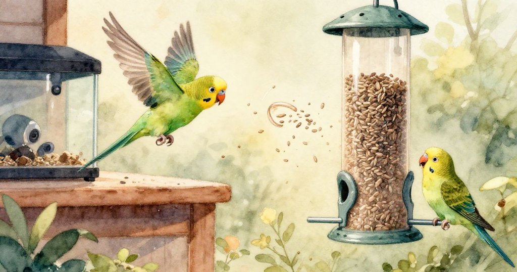 透過水面觀察水族箱，水泡緩緩上升，魚群若隱若現，燈光反射出寧靜而柔和的氛圍。