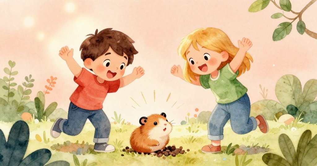 昆恩和艾絲美臉上洋溢喜悅成功發現倉鼠，輕觸小動物，暖光灑落在寵物店內，彰顯歡樂與溫馨。