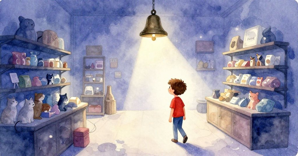 昆恩回望寵物店內隱藏的線索，鈴鐺隨風搖曳暗示著未完續篇，細膩光影中散發出神秘與期待之情。