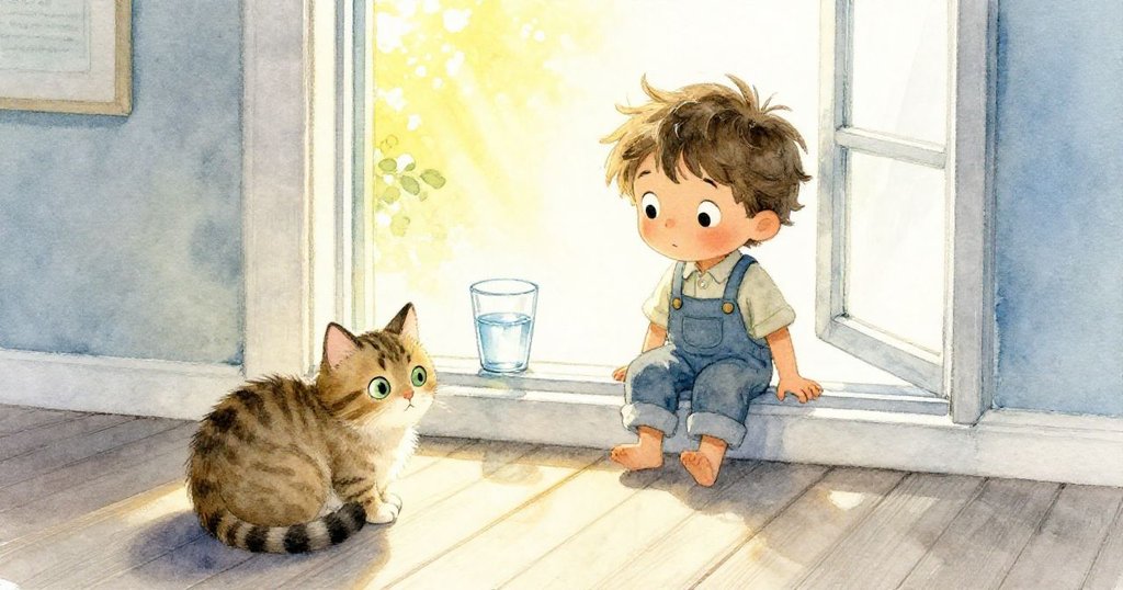 Hollis 站在窗邊，專注觀察窗外光線與水杯反射，貓咪安靜依偎，室內充滿午後溫暖柔光。