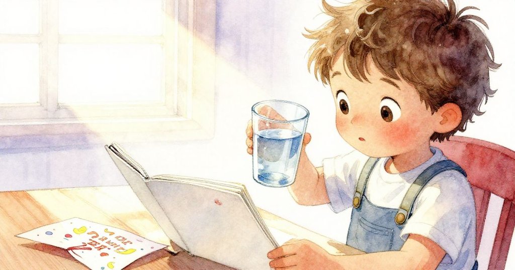 Hollis 用心打開素描本，展示摺疊邀請函與水杯細節，充滿期待，室內光線溫柔。