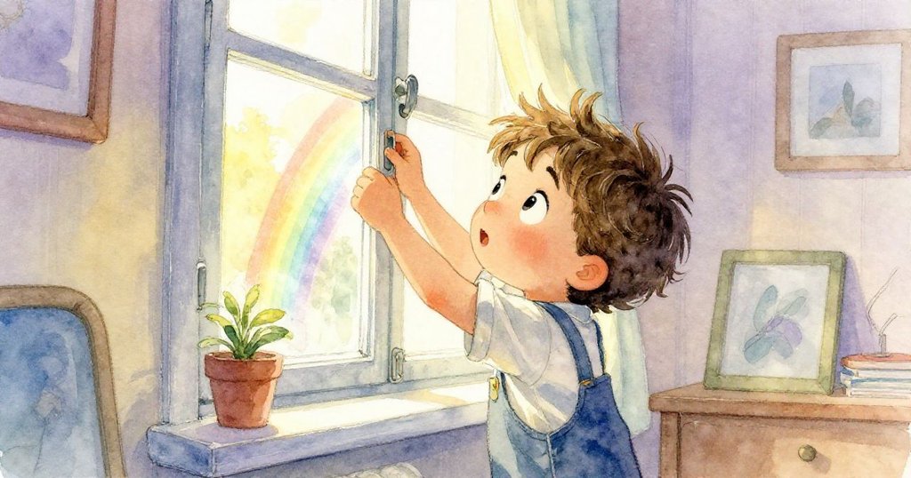 Hollis 仰望窗外，專注調整水杯捕捉陽光折射，臉上流露著驚奇與期待，室內燦爛光影映襯。