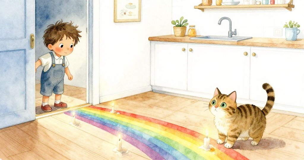 Hollis 站在廚房門口，注視著從窗邊延伸的彩虹，地板上燭光微映，貓尾輕掃增添溫馨氣氛。