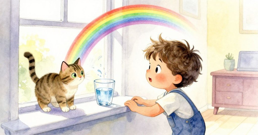 Hollis 驚訝地注視水杯，彩虹在貓尾觸碰下閃爍變幻，動態光影彰顯室內童趣與奇妙瞬間。