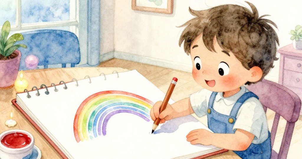 Hollis 微笑著低頭用鉛筆描繪定格的彩虹，燭光增添細膩光澤，室內溫馨氛圍中洋溢創作喜悅。