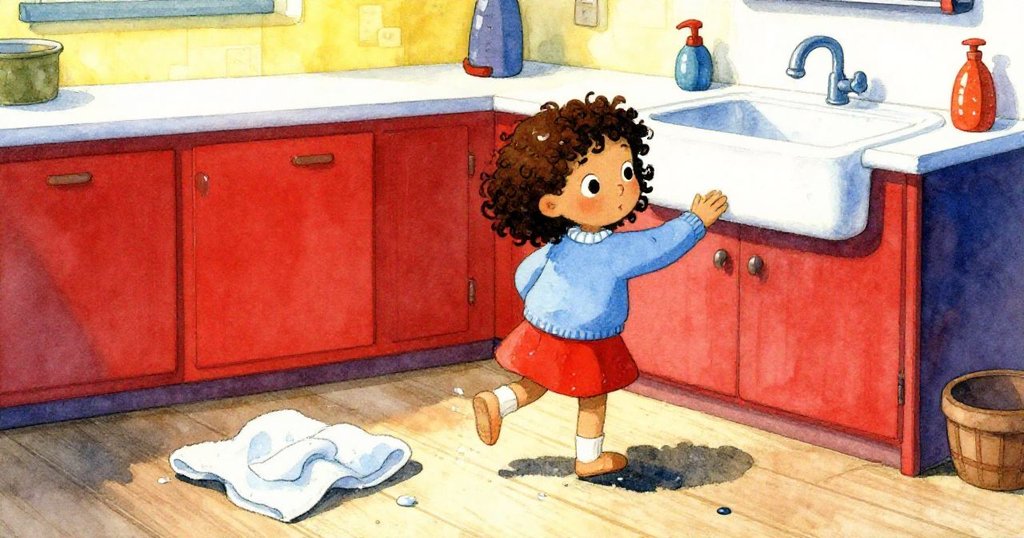 Pia踏出混亂的桌邊，腳步輕盈朝向洗槽，地上散落水跡與毛巾，呈現急促卻溫柔的動作