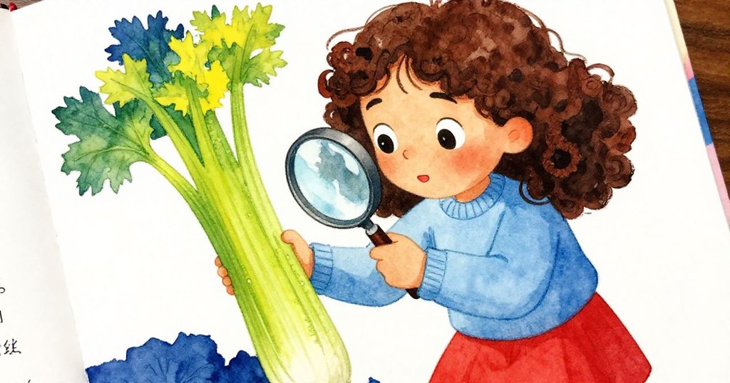 Pia透過放大鏡專注檢視芹菜，臉上滿是驚奇，筆記本和工具在背景中默默陪伴著她