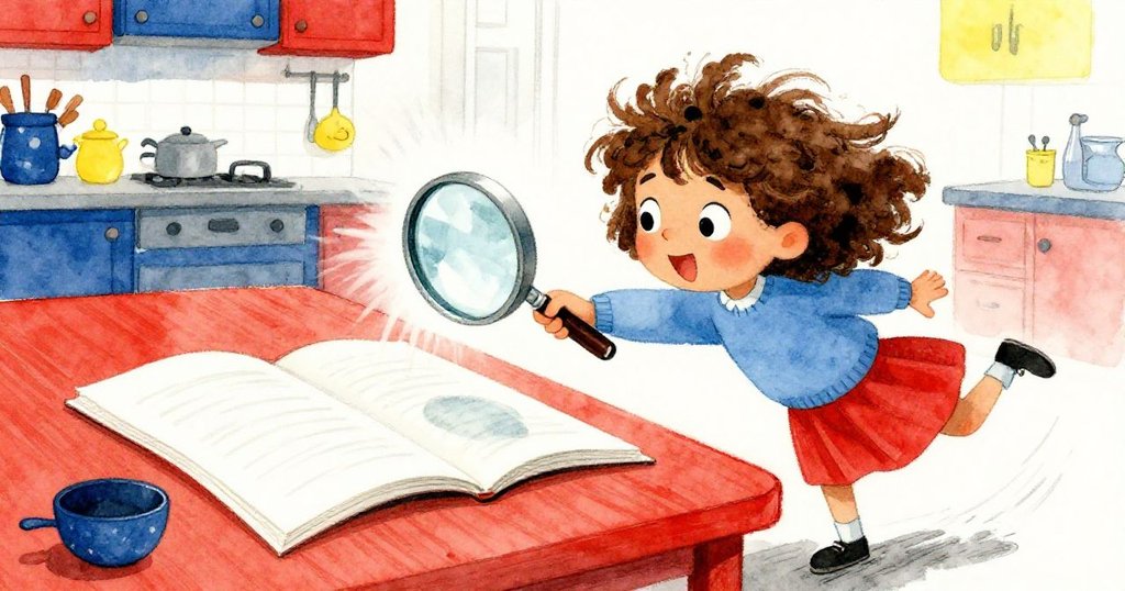 桌上放大鏡滑動於筆記本上，Pia急速出手接住，背景中果汁罐微晃動，展現出緊張又果斷的瞬間