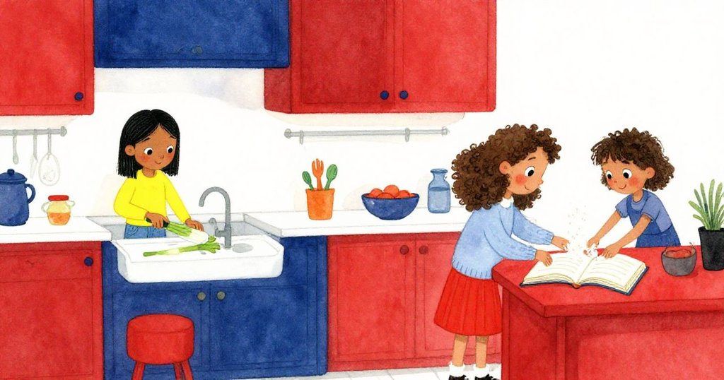 Bram在溫暖廚房中切芹菜，Pia整理物品，食譜翻頁間伴隨著徐徐飛舞的麵粉，呈現寧靜延續的情景