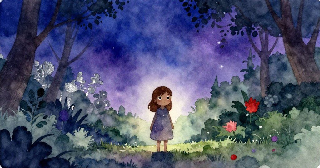 Ruby站在公園裡呈現剪影,背景光亮,顯示出冒險開始時的期待與神秘情緒。