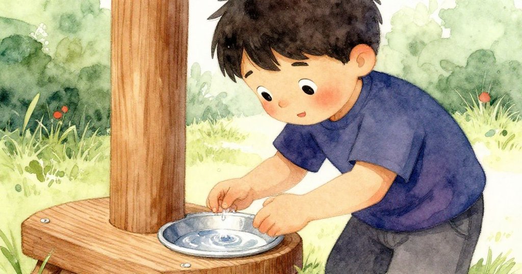 Hugo仔細觀察餵鳥器上溫暖木紋,觸感細膩,場景充滿專注與好奇的溫柔氛圍。