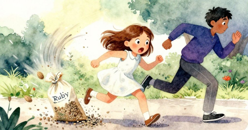 跑者突然闖入,Ruby因震動驚訝動作頓失,餵鳥器破損加深,公園場景呈現急促動感。