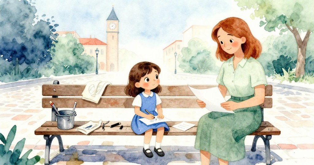 Gwen坐在陽光明媚的廣場長椅上專心畫畫，Rosa在旁翻閱資料，場景充滿溫暖與期待的氛圍