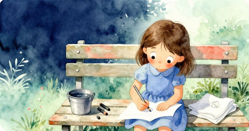 Gwen專心用銀色鉛筆在草稿本上描繪石盆輪廓，周圍散落著畫具，表情專注而平靜