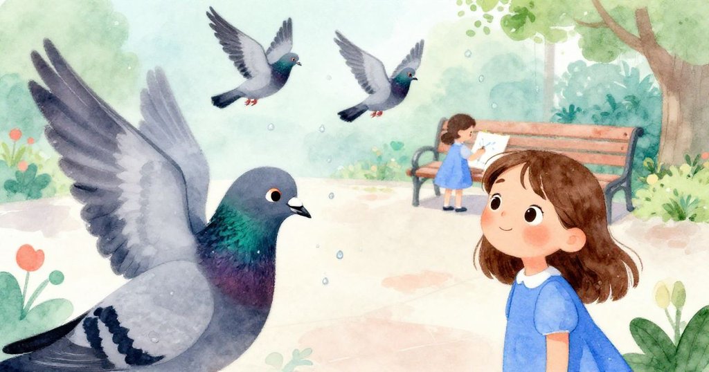 從鴿子角度看見Gwen背後桌上濕潤微霧散佈，鴿子振翅急舞，現場充滿活力與微妙神秘感