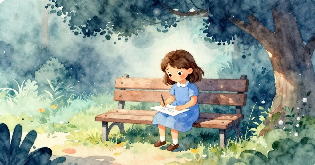 Gwen在陰涼區輕柔修正因微霧而模糊的畫作，場景呈現記憶般懷舊色調，情感投入