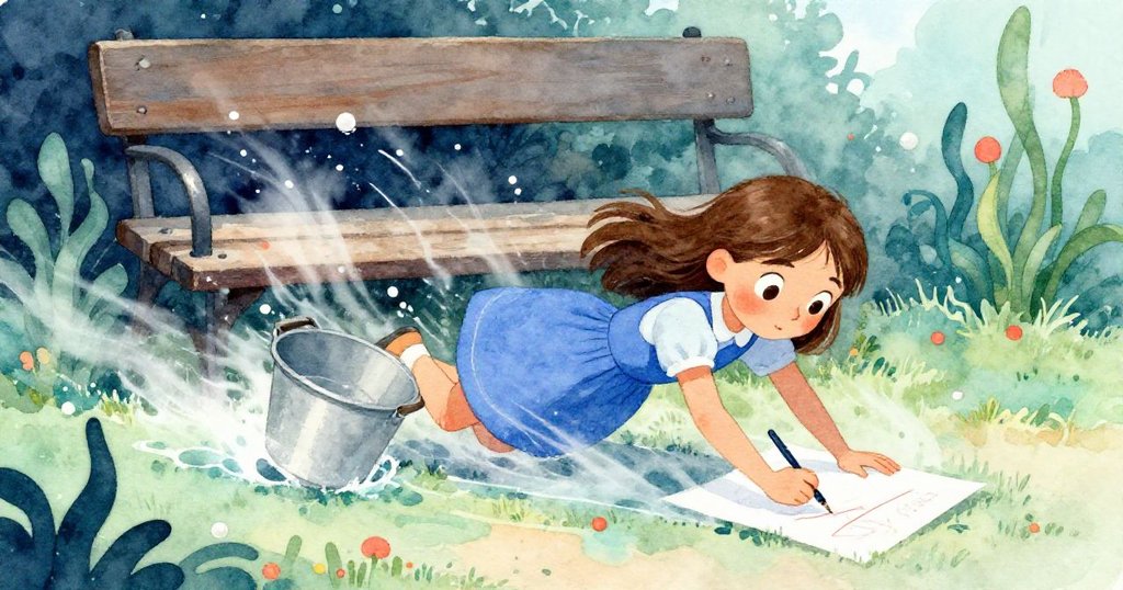 Gwen急速移動水桶修正因微霧而模糊的畫作，神情堅定，場景動感十足，充滿追逐緊湊氣氛