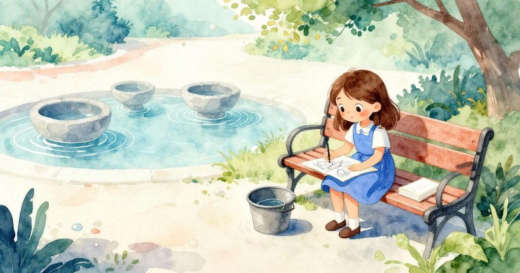 最終Gwen完成石盆連續畫作，靜謐中凝聚成就感，長椅、水桶與畫具重現開場溫馨循環畫面