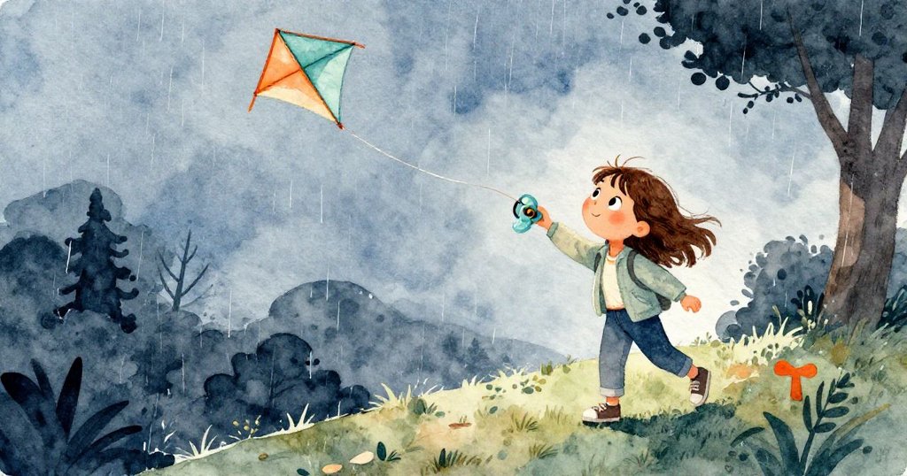 開端:Zara在雨後柔軟的山坡上操作捲軸放風箏,滿懷期待,環境以橙色與藍綠調交織,展現冒險起始。