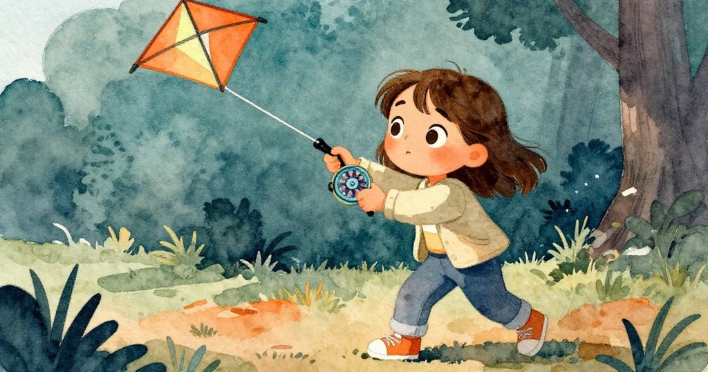 發展:Zara全神貫注調控捲軸與絲線,雙手靈活操作,風箏在空中舞動,展現自然場景的生動氛圍。